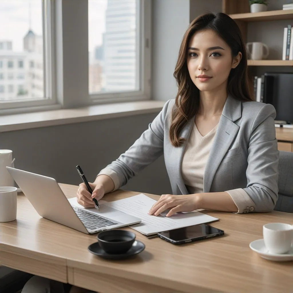 A satisfied business professional sitting in a modern office environment, holding a document or tablet to represent their positive experience with Pryvona's accounting services. The setting includes subtle office elements like a laptop, coffee cup, or bookshelf in the background to create a relatable and professional atmosphere.